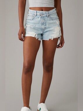 American Eagle Light Blue Distressed High-Rise Denim Shorts Strigid Mom Short